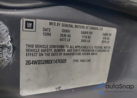 1999 Buick Century Custom из США, поврежденный, VIN 2G4WS52M8X1476928